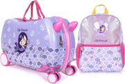 Milk&Moo Jungle Friends Kids Luggage Set Rideable Suitcase & Matching Backpack with Tablet Compartment Ride-On Luggage & School Bag Combo for Kids (Jungle) - Mermaid
