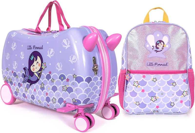 Milk&Moo Jungle Friends Kids Luggage Set Rideable Suitcase & Matching Backpack with Tablet Compartment Ride-On Luggage & School Bag Combo for Kids (Jungle) - Mermaid