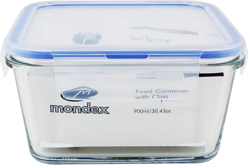 Mondex Cmn0094-96 2 Pieces Food Storage Container With Lid, Blue, 350 Ml/700 Ml, Rectangle, Glass - Square 900ml
