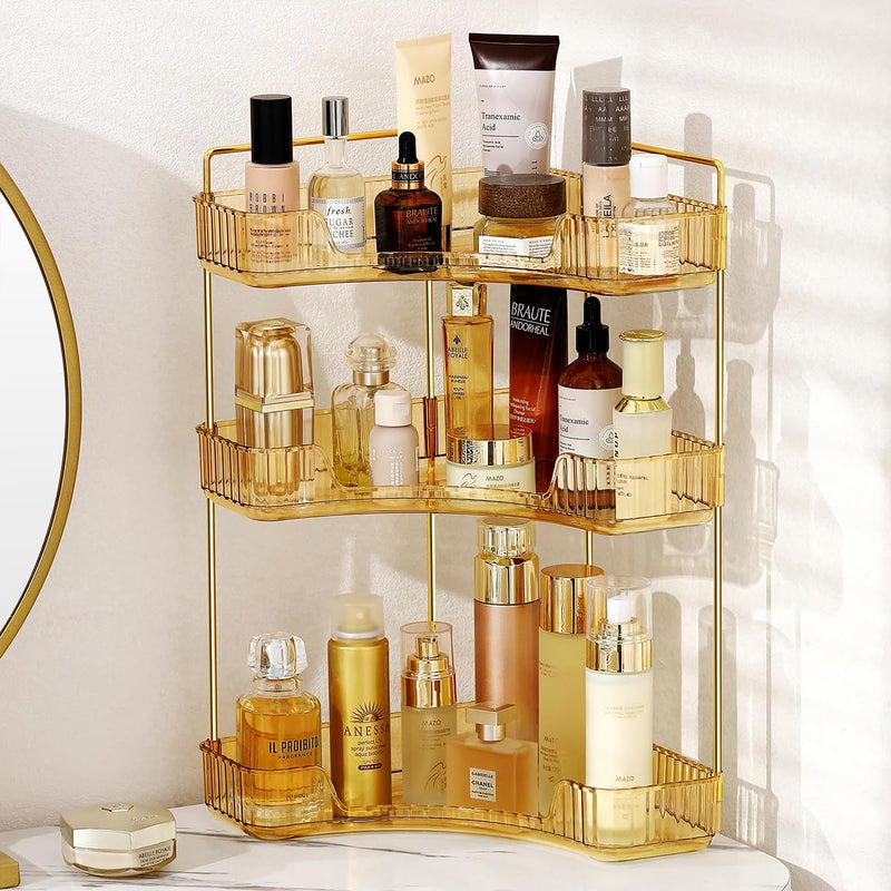 HANNEA® Makeup Organizer, 3 Tier Countertop Cosmetic Shelf Skincare Organizer Stand Corner Counter Storage Holder Clear Acrylic Vanity & Bathroom Organizer Capacity for Lotion, Jewelry, Makeup