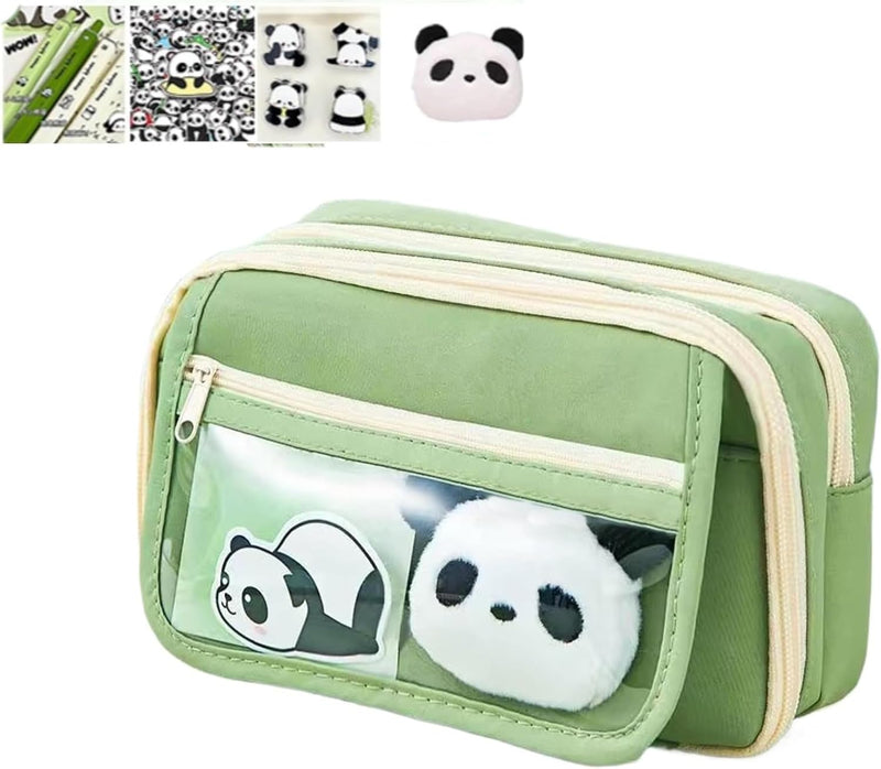 Panda Pencil Case, Cute Panda Pencil Case Large Capacity, Adults Aesthetic, Kawaii Pencil Pouch Cute With Zipper Preppy Pen Bag With Gel Ink Pens, Clips, Stickers, Pin, Green