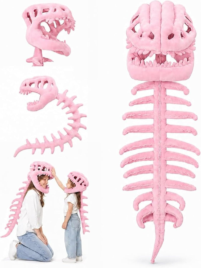 AM ANNA Dinosaur Skeleton Costume, Plush Wearable Dino Outfit with Headgear Spine for Kids Adult Halloween Cosplay Dress Up Spinosaurus - Pink