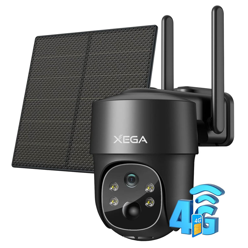 Xega 4G LTE Cellular Security Camera Solar with SIM Card,Wireless Outdoor No WiFi Security Camera,2K HD PTZ Night Vision Motion Detection 2 Way Talk TF&Cloud Storage, Support Etisalat and DU Operator