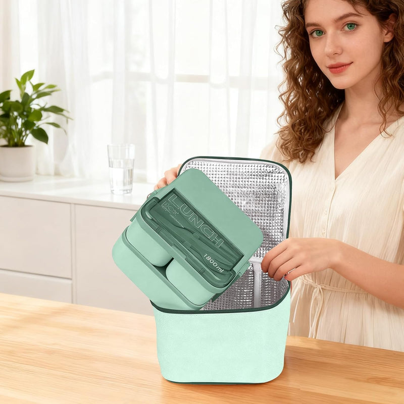 Bento Lunch Box 1800ML, Leak-Proof With 4 Compartments, Stackable Lunch Bento Box with Bag for Kids and Adults, Snack Container with Cutlery for School, Kindergarten, Office - Green, Camping, Travel