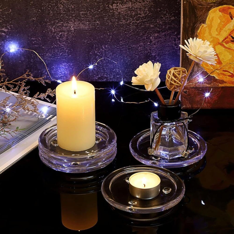 Goodern Clear Glass Candle Plates,5PCS Round Pillar Candle Holders 10CM Glass Candle Tray Glass Coaster Holder Small Round Plate Candle Tray Plates Candle Centerpiece for Dining Wedding Party Table