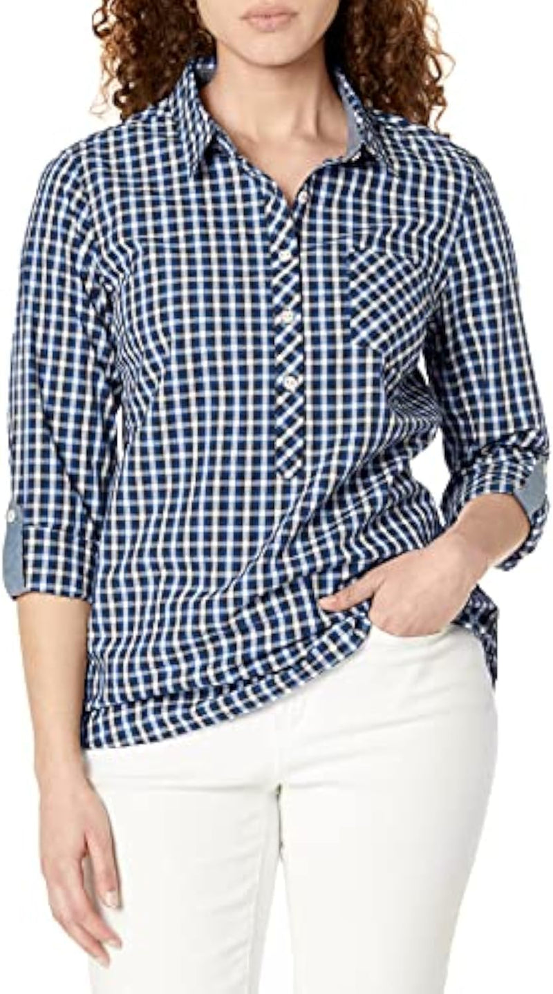 Women's Blouse Casual Check Roll Tab Long Sleeve - True Blue Multi