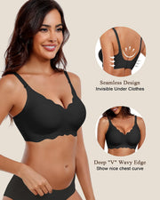 Women's Non-Wired Bras V Neck Wavy Non-Wired Bralettes with Soft Support Comfortable Seamless T-Shirt Bra - Brazstyle-black