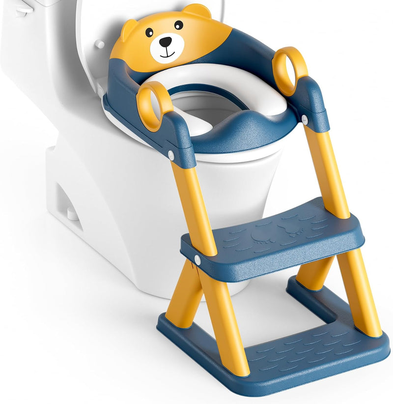 Potty Training Seat, Upgrade Toddler Toilet Seat for Kids Boys Girls, 2 in 1 Potty Training Toilet, Splash Guard Anti-Slip Pad Step Stool - Blueyelllow