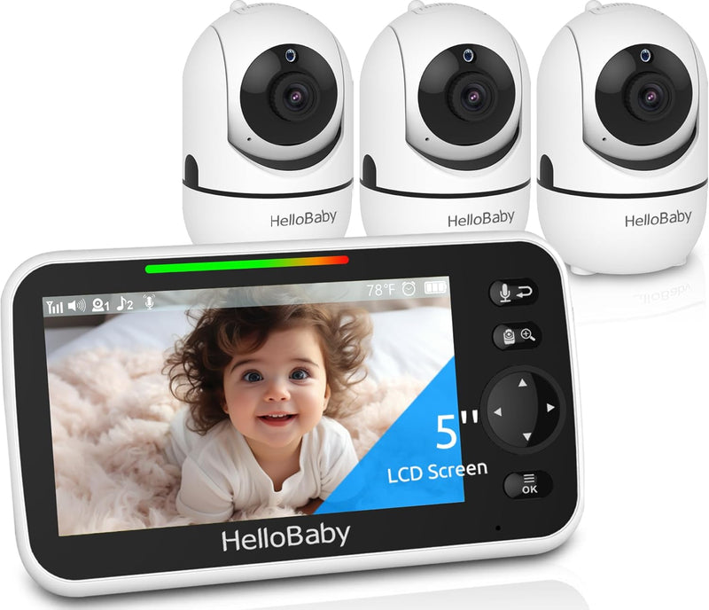 HelloBaby Upgrade Monitor, 5''Sreen with 30-Hour Battery, Pan-Tilt-Zoom Video Baby Monitor with Camera and Audio, Night Vision, VOX, 2-Way Talk, 8 Lullabies and 1000ft Range No WiFi, Ideal Gifts
