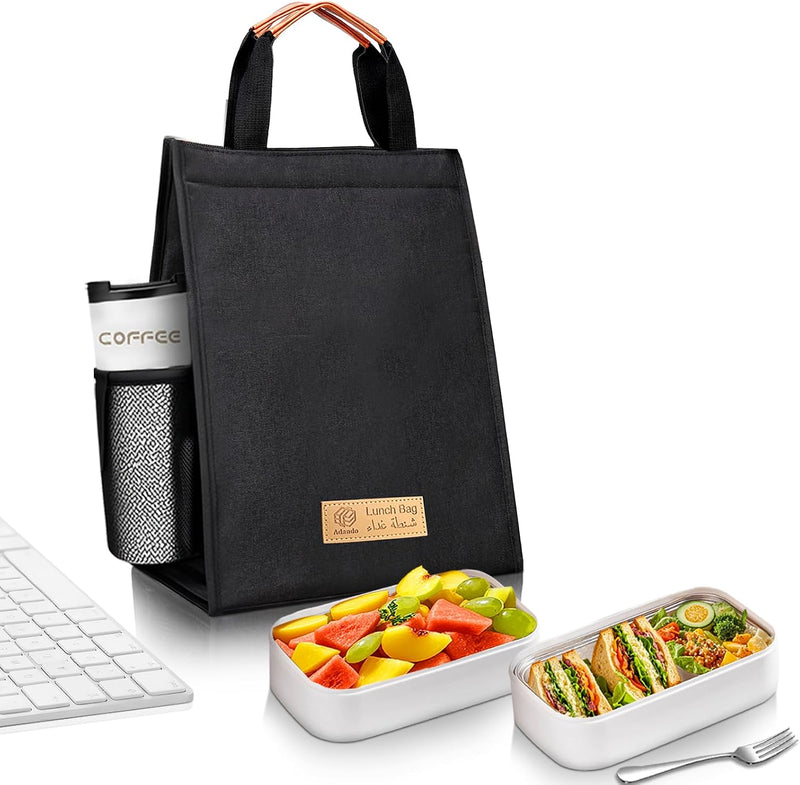 Stainless Steel Lunch Box: 1100ml 2-Layer Insulated Bento Lunch Box for Adults and kids - 304 Lunch Containers Insulated Leakproof with Tableware & Bag - Microwave & Dishwasher Safe (Khaki) - Black bag