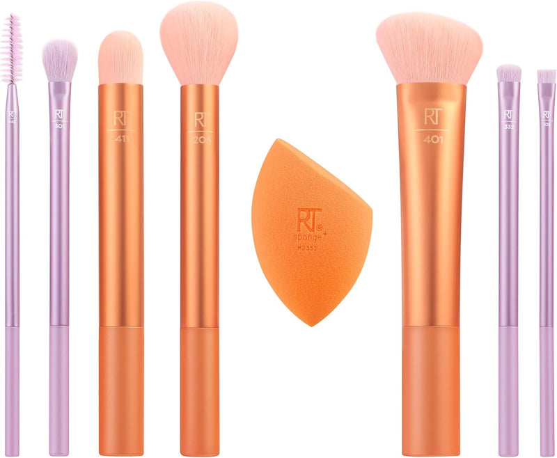 Real Techniques Level Up Brush And Sponge Kit, Makeup Brushes For Eyeshadow, Foundation, Blush, & Bronzer, Makeup Blending Sponge, Professional Quality Makeup Tools, Synthetic Bristles, 8 Piece Set - Level Up