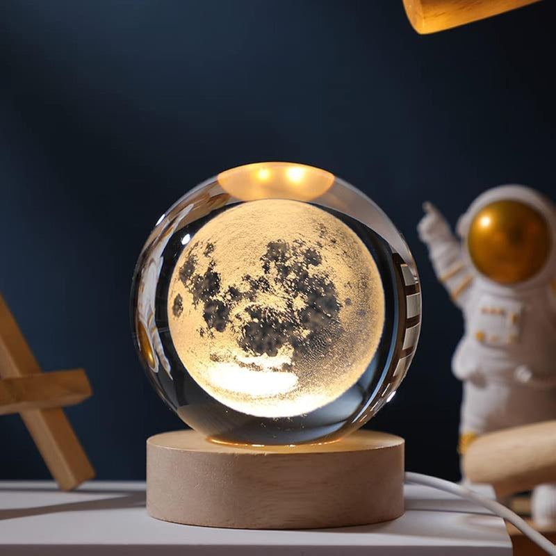 EETU Crystal Glass Ball Night Light,3D Solar System Nightlight Wooden LED Display Base Stand Home Decor Birthday Gifts Decorations Lamp Funny Table Lamp Warm Light for Kids (Moon)
