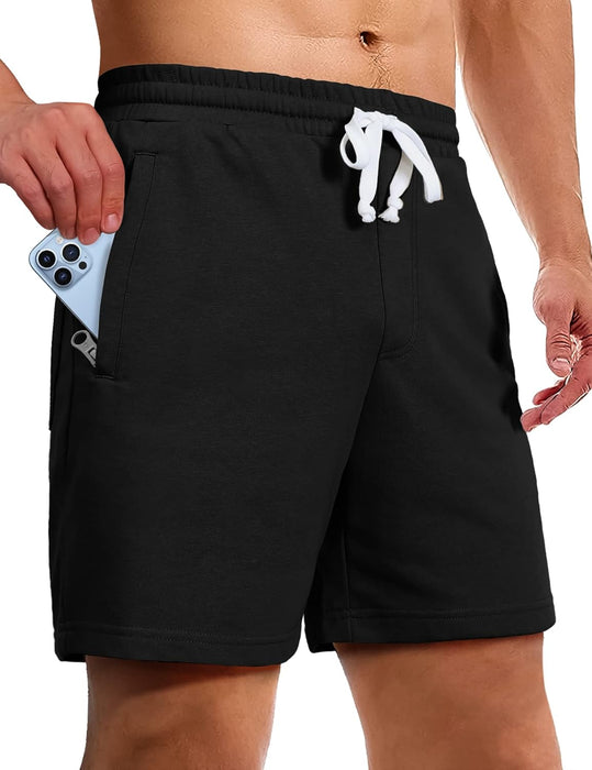 Men's Athletic Gym Shorts with Zipper Pockets 5.5" Elastic Waist Casual Cotton Sweat Short Pants for Pajama Jogger Sport