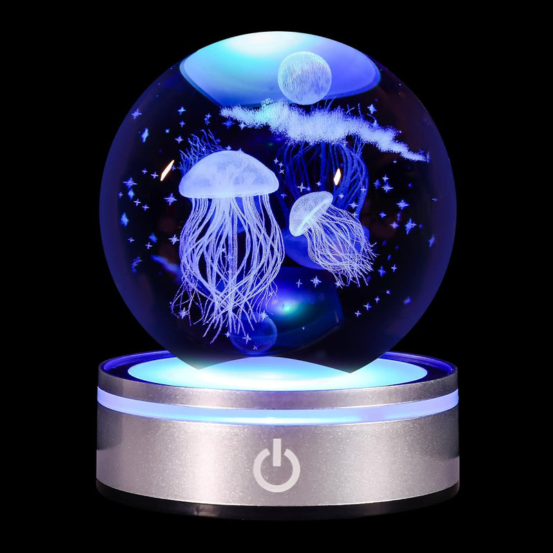 QIANYMY Jellyfish 3D Crystal Ball with LED Light Base Unique Figurine Lamps Laser Engraved Nightlight for Kids Gifts Jellyfish Lovers Girlfriend Wife Mom Lovers Girls Boys Birthday Christmas