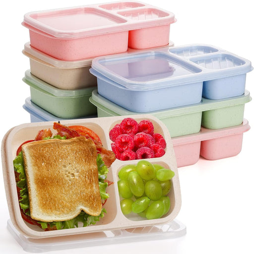 8 Pcs Bento Lunch Box, 3 Compartment Meal Prep Container for Adults/Kids, Straw Wheat Fiber Lunch Container for Microwave and Dishwasher Safe, Reusable Snack Container for Work, School, Travel