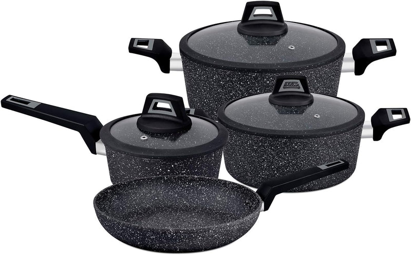 Royalford Chef Art Aluminium Cookware Set, 7 Pieces, Black, RF9557, Scratch Resistant, Tempered Glass Lids, 2.5MM Body Thickness, Bakelite Knobs, and CD Bottom