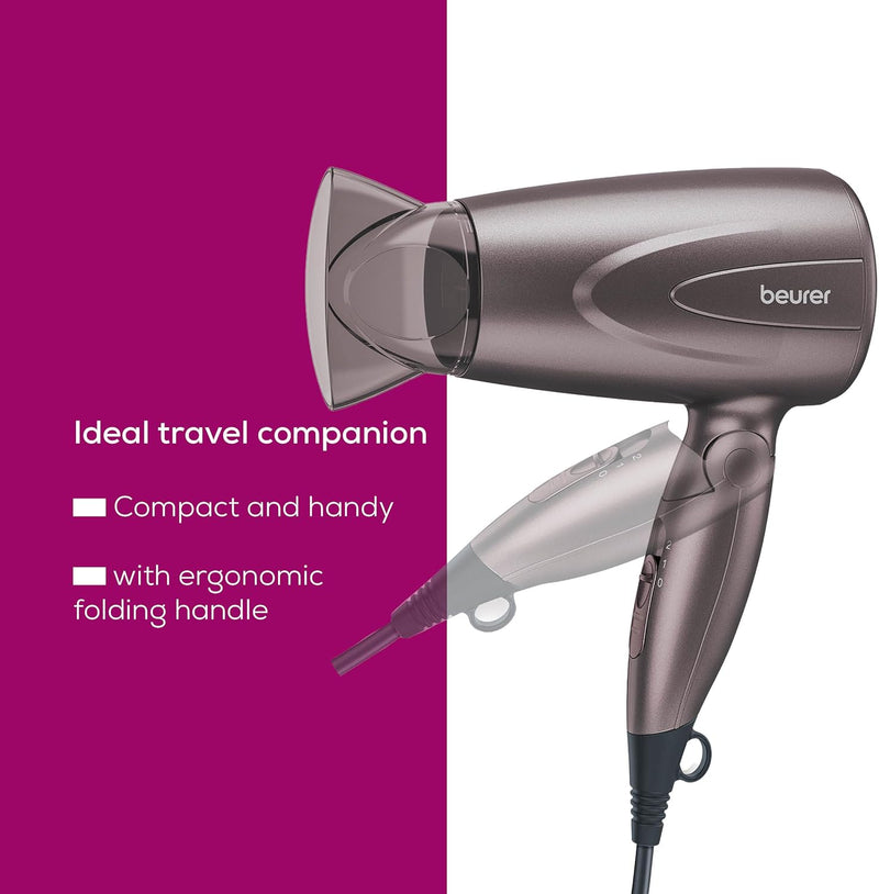 Beurer HC17 Compact Hair Dryer | Lightweight Hairdryer with Folding Function | 2 Heat & Blower Settings | 1300 Watts | Overheating Protection & Professional Nozzle | Foldable Handle for Travelling