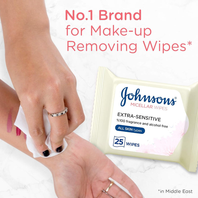 JOHNSONS Cleansing Facial Micellar Wipes, Extra-Sensitive, All Skin Types, Pack of 25 wipes