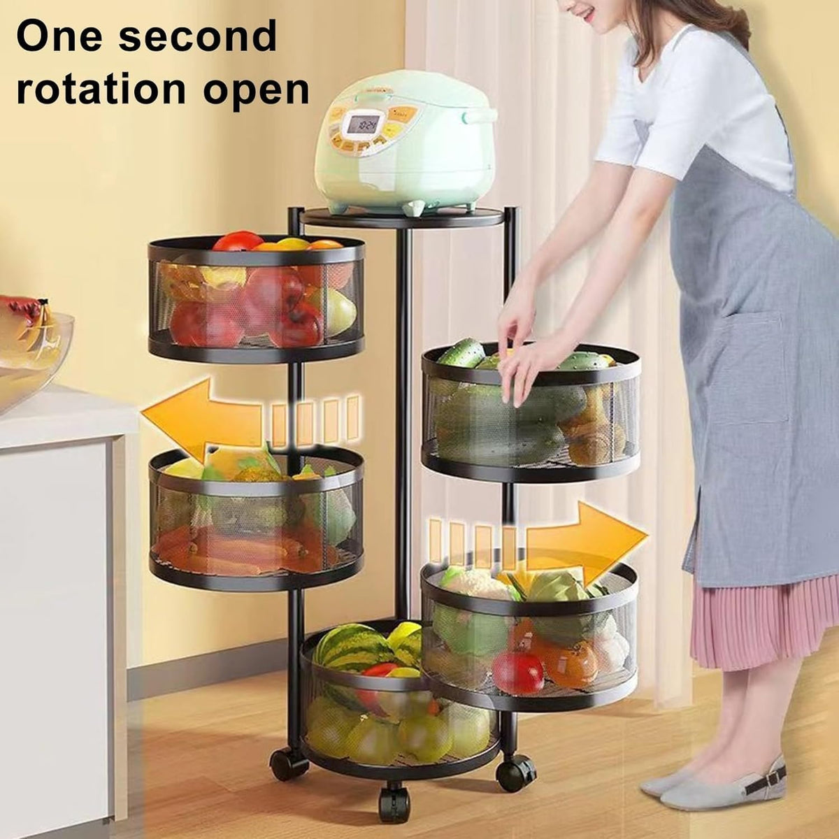 SKY-TOUCH 5 Tier Kitchen Storage Shelf, Rotatable Fruit Vegetable Basket, Circular Rotating Basket Large Storage Rack with 4 Movable Wheels – image 3