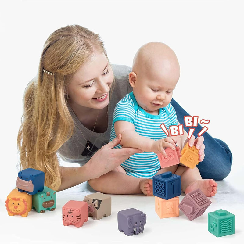 Soft Baby Blocks 6 to 12 Months and Up,Sensory baby stacking toys Babies Bath Toy,Infant Stacking Building Blocks Rings Balls for Boys Girls Teething Toy Play,Animals Fruit Textures Squeeze Block Set