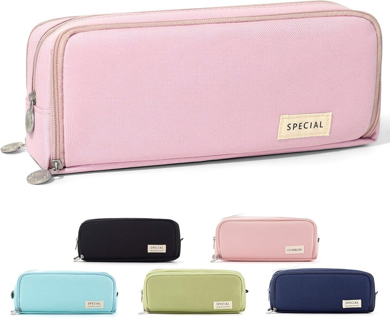 Cicimelon Pencil Case Large Capacity Pouch 3 Compartments Bag Gift For Students Girls Adults Women (Black) - Pink