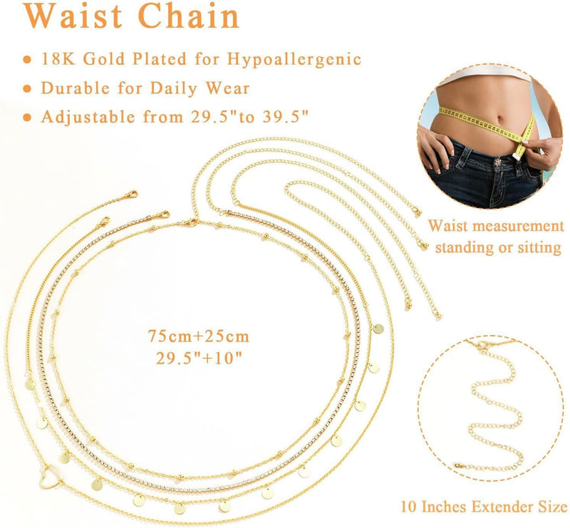 Metal Waist Chains for Woman, Adjustable Body Link Belt, Multilayered Belly Waist Chain Set, Glamorous Belly Jewelry Waist Belt for Women, Perfect for Summer Beach, Jeans, Dresses (4 Pieces)