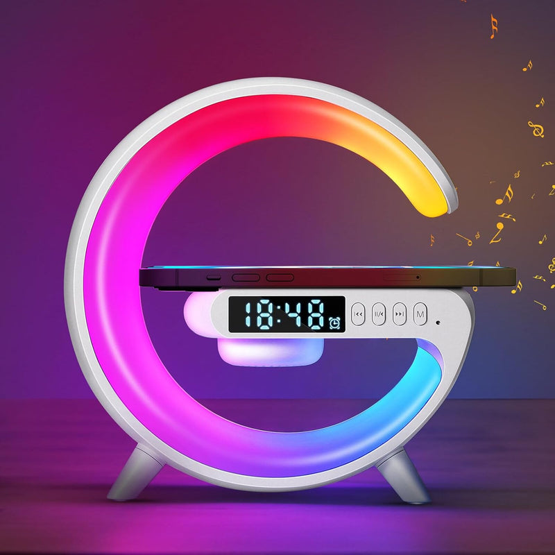 Wireless Charger Atmosphere Lamp, 2023 New Mini LED Table Lamp, Bluetooth Speaker, Dimmable Night Light Bedside Lamp Alarm Clock with Music for Christmas Birthday New Year Valentines Day Gifts