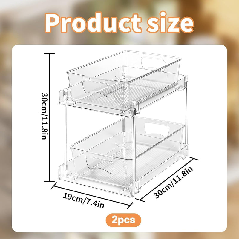 SKY-TOUCH 2 PACK Pull-Out Kitchen and Bathroom Storage Organizer, 2 Tier Clear Under Sink Organizers Vanity Counter Storage Container, Pull-Out Organization with Track for Pantry, Kitchen