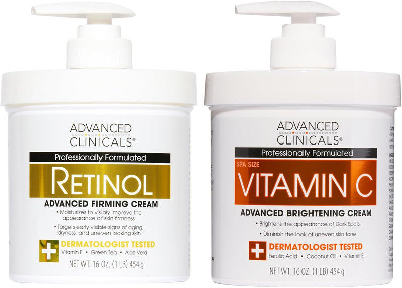 Collagen Peptides Body Lotion & Face Moisturizer Peptide Infused Collagen Lotion For Women & Men Helps Improve Look Of Crepey Skin, Wrinkles, & Uneven Dry Skin Texture, 16 Ounce - 2 Piece Set Retinol + Vitamin C Cream Bundle