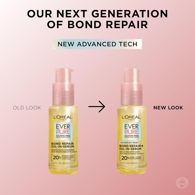 Bond Repair Oil-in-Serum for Damaged, Color Treated Hair, Heat Protectant, Strengthens Weak Bonds, Intense Shine and Frizz Control, EverPure, 1.6 Fl Oz