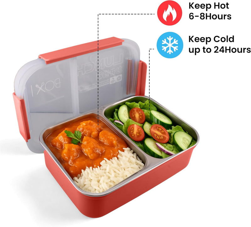 Stainless Steel 2 Compartments Bento Lunch Box with Removable Inner Tray - Insulated, Leak Proof Bento Box for Kids, Adults - Multifunctional Air Tight Food Container (RED), 22167.5cm