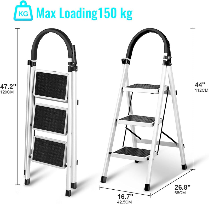 Foldable Ladder 3 Steps, Home Folding Step Stool with Wide Anti-Slip Pedal, Adults Folding Sturdy Steel Ladder for Home,Kitchen, Garden, Office