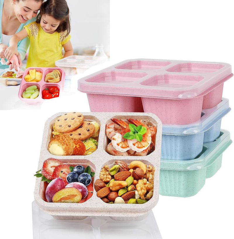 BIGTHREE 4 Pack Bento Snack Containers Set, Wheat Straw Meal Prep Lunch Box, 4 Compartment Snack Bento Boxes with Clear Lids, Microwave and Dishwasher Safe for Adults & Kids