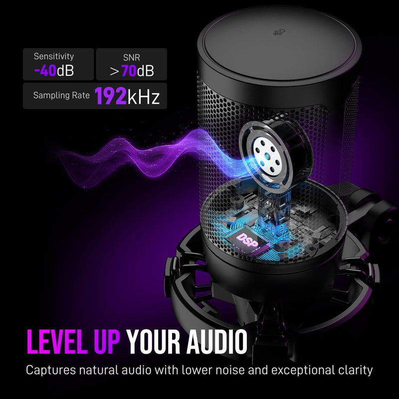 FIFINE Gaming PC USB Microphone, Podcast Condenser Mic with Boom Arm, Pop Filter, Mute Button for Streaming, Twitch, Online Chat, RGB Computer Mic for PC Gamer Youtuber-AmpliGame A6T - Black