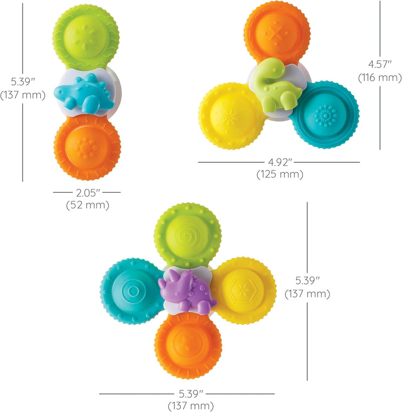 Infantino Silicone Bath Pop Spinners - Sensory Dinosaur Toys with Suction Cups, Engaging Bath Time Fun for Toddlers, 3-Piece, 4 months+