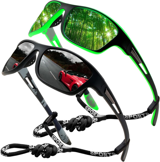 Sports Sunglasses Polarized For Mens Womens Driving Fishing Running Wrap Around Sun Glasses Unbreakable Frame Goggles with Glasses rope Strap UV Protection