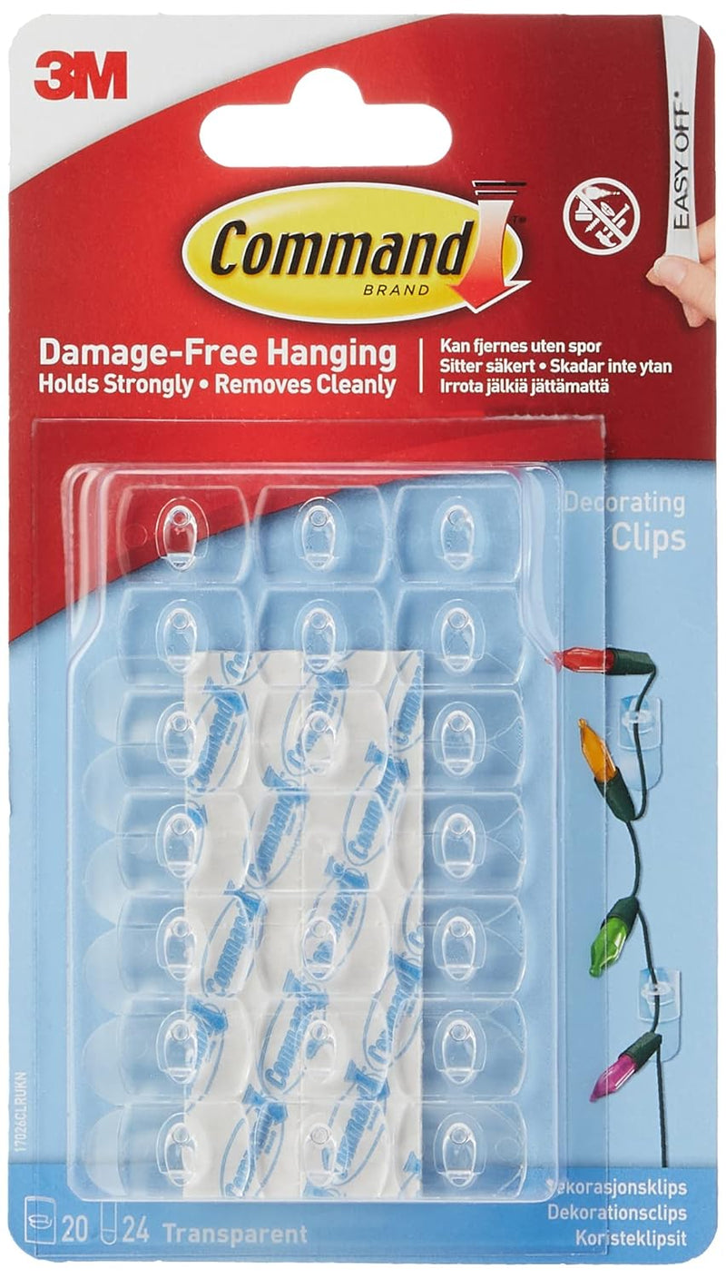 Command Decorating Small Clips Transparent color, 20 clips + 24 strips/pack | Holds 180 gr. each clip | Organize | Decoration | No Tools | Holds Strongly | Damage-Free Hanging