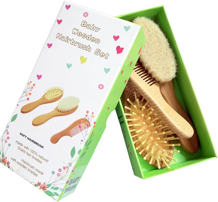 3 Piece Baby Hair Brush and Comb Set for Newborn Toddlers- Natural Wooden Hairbrush with Soft Goat Bristles for Cradle Cap - Perfect Scalp Grooming Product for Infant, Toddler, Kids, Baby