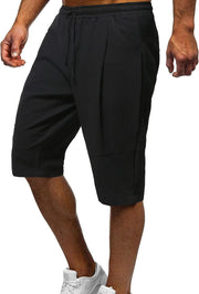 Men's Long Linen Shorts Below Knee Pocketed 3/4 Summer Drawstring Capri Pant - 02 Black
