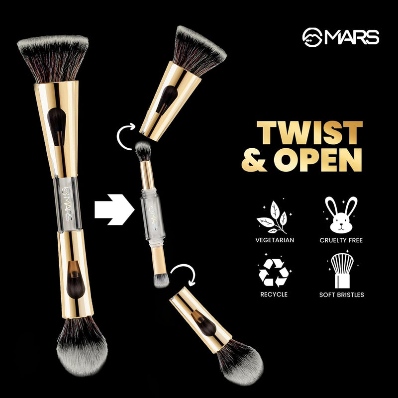 MARS 4-in-1 Travel Brush Set - Soft Synthetic Bristles - Foundation, Powder, Eyeshadow Blending & Flat Brushes