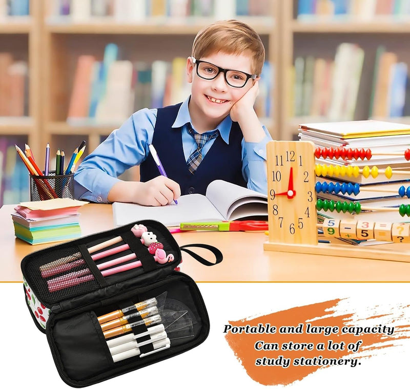 Mnsruu Cherries Leaves Pencil Case Large Capacity Pen Pouch Makeup Bag with 3 Compartments Pen Holder Organizer Stationery Bag for Girls Womens
