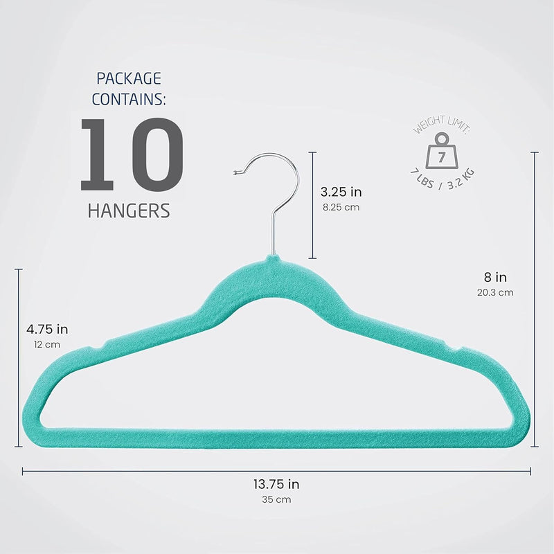 ZOBER Hangers For Kids Clothes - Chrome Swivel Hook - Non Slip Toddler Hangers for Kids and Children Clothes Space saving - Hanger for Everyday Use Set Of 10 - Turquise