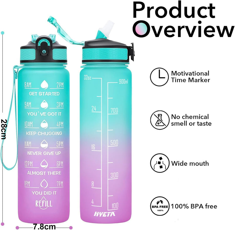 Motivational Water Bottle 1L with Straw BPA-Free, Leakproof Sports Bottle with Time Marker for Kids and Adults, Drink bottle for Gym, Travel, School, Office Use, Daily Hydration
