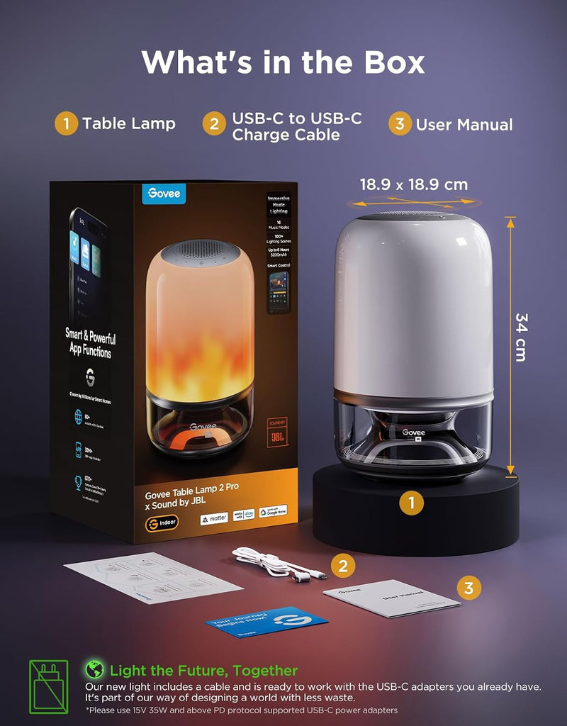 Table Lamp 2 Pro x Sound by JBL, Bedside Lamp with Bluetooth Speaker Music-Light Sync,16 Music Modes,100+ Scene Modes,Work with Alexa & Matter, Rechargeable Night Light,Wireless Portable