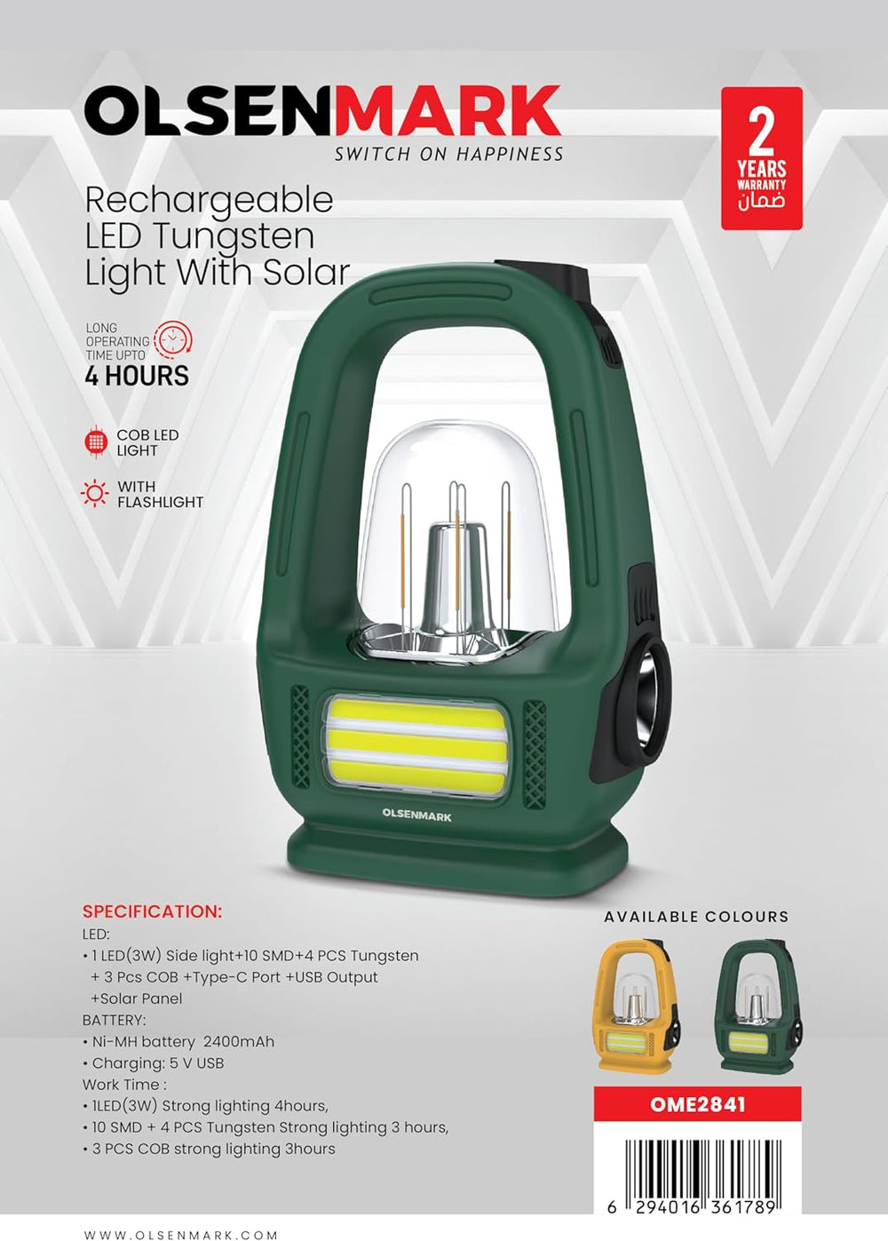 Olsenmark Rechargeable LED Tungsten Light with Solar- OME2841 Long Operating Time 4 Hours, Multi-Functional Lighting, COB Technology Portable and Light-Weight Design with Handle