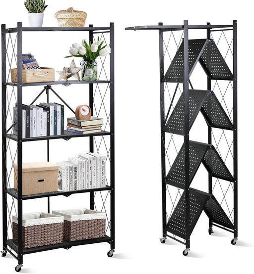 SKY-TOUCH Foldable Storage Organizer 4 Tier, Storage Shelves Kitchen Cabinet Storage Rack, Shelf Storage Multipurpose Rack for Living Room Bedroom Kitchen Garage Black - Black 5-shelf