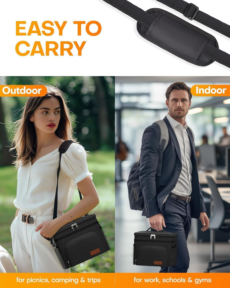 Insulated Lunch Box for Men & Women - Leak-Proof Cooler Lunch Bag with 4 Pockets, Adjustable Strap, Ideal for Work, Picnic, Travel - Medium, Black, 10.2"6.9"8.5"