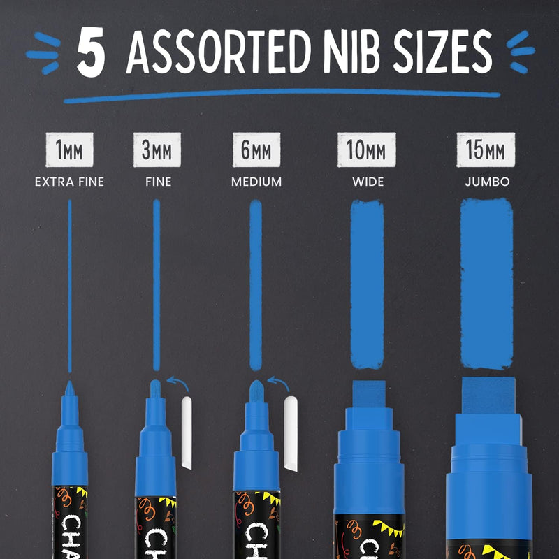 Chalkola 5 White Chalk Markers for Chalkboard Signs, Blackboard, Car Window, Bistro, Glass | 5 Variety Pack - Thin, Fine Tip, Bold & Jumbo Size Erasable Liquid Chalk Pens (1mm, 3mm, 6mm, 10mm, 15mm)