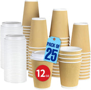 MARKQ 25 Sets 8 oz. Brown Disposable Ripple Insulated Coffee Cups with Lids - Hot Beverage Corrugated Paper Cups - 12 oz.