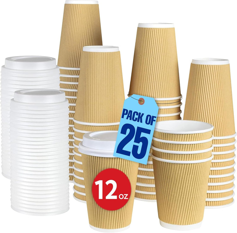 MARKQ 25 Sets 8 oz. Brown Disposable Ripple Insulated Coffee Cups with Lids - Hot Beverage Corrugated Paper Cups - 12 oz.